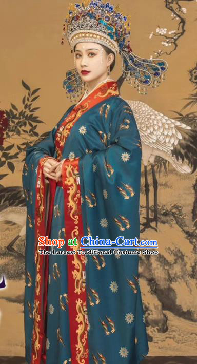 Chinese Song Dynasty Imperial Empress Historical Costumes Traditional Serenade of Peaceful Joy Apparels Ancient Royal Queen Hanfu Dress and Headdress Complete Set