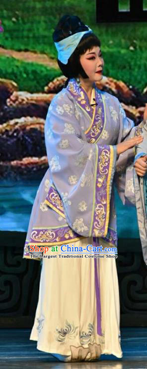 Chinese Jin Opera Country Woman Garment Costumes and Headdress Qing Ming Traditional Shanxi Opera Young Female Apparels Actress Purple Dress