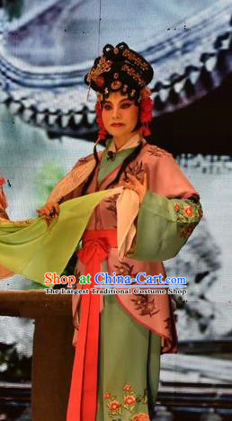 Chinese Jin Opera Maid Lady Xiao Ling Garment Costumes and Headdress Tears in Suzhou Traditional Shanxi Opera Servant Girl Apparels Xiaodan Dress
