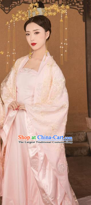 Chinese Drama Ancient Queen Pink Hanfu Dress Apparels Traditional Tang Dynasty Empress Historical Costumes and Headwear for Women