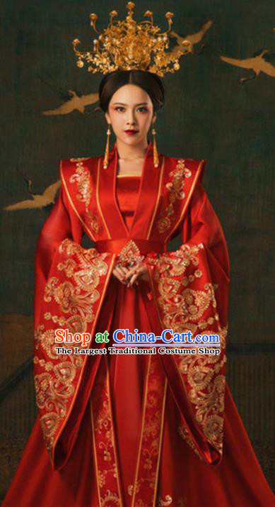 Chinese Ancient Imperial Empress Red Hanfu Dress Apparels Traditional Tang Dynasty Royal Queen Historical Costumes and Headdress for Women