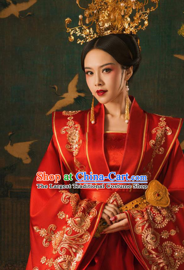 Chinese Ancient Imperial Empress Red Hanfu Dress Apparels Traditional Tang Dynasty Royal Queen Historical Costumes and Headdress for Women