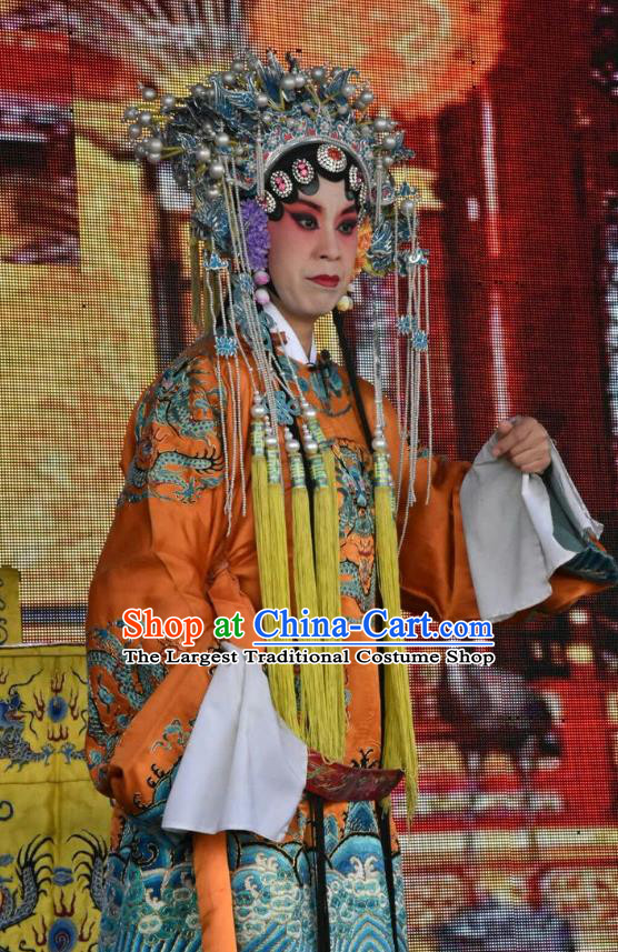 Chinese Jin Opera Empress Dowager Garment Costumes and Headdress Long Hu Feng Yun Traditional Shanxi Opera Court Woman Apparels Queen Mother Dress