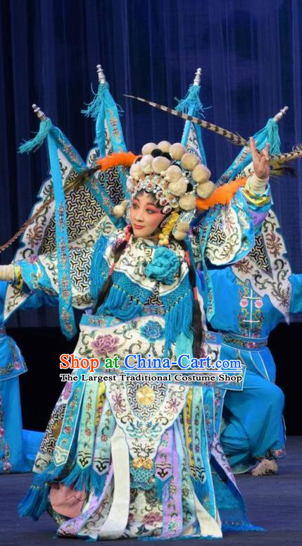 Chinese Jin Opera Martial Female Garment Costumes and Headdress Mu Guiying Command Traditional Shanxi Opera Blues Apparels Tao Ma Tan Yang Jinhua Dress with Flags
