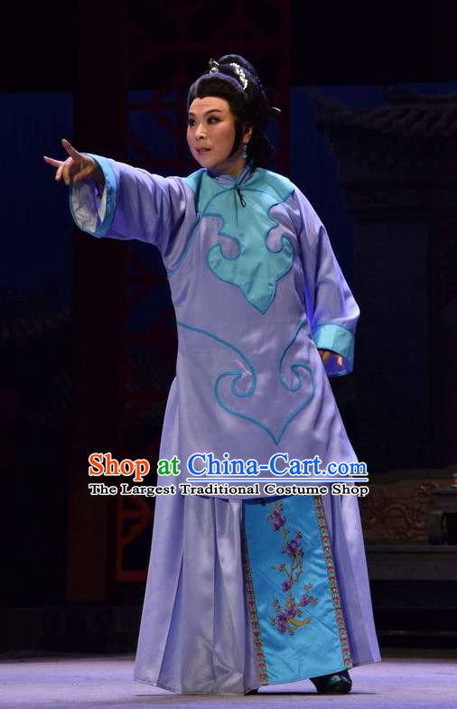 Chinese Jin Opera Elderly Female Garment Costumes and Headdress The Legend of Jin E Traditional Shanxi Opera Diva Apparels Maid Purple Dress