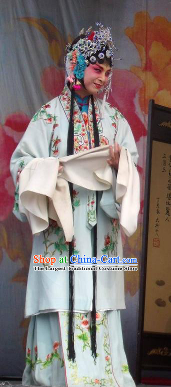 Chinese Henan Opera Hua Tan Garment Costumes and Headdress Feng Xue Pei Traditional Qu Opera Rich Lady Apparels Diva Gao Qingfang Blue Dress