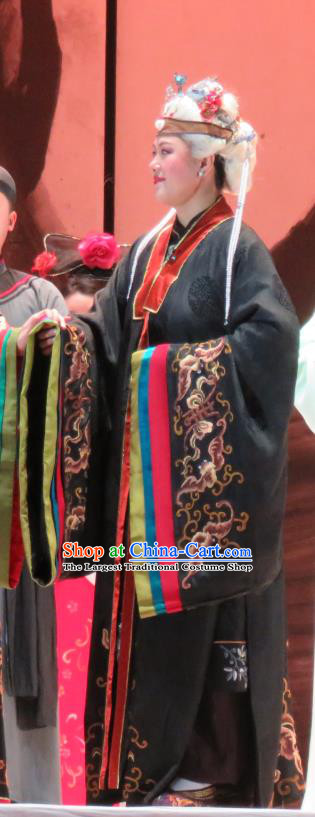 Chinese Henan Opera Dowager Countess Garment Costumes and Headdress Huang Ye Hong Lou Traditional Qu Opera Elderly Female Apparels Noble Dame Dress