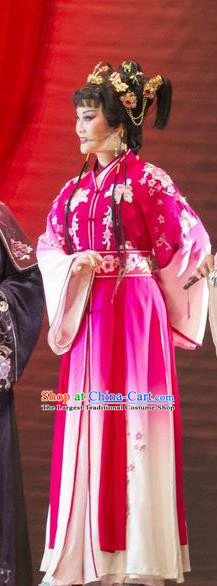 Chinese Henan Opera Young Beauty Garment Costumes and Headdress Huang Ye Hong Lou Traditional Qu Opera Hua Tan Apparels Actress Rosy Dress
