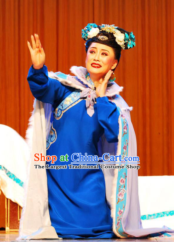 Chinese Beijing Opera Hua Tan Garment Costumes and Headdress Shao Nian Tian Zi Traditional Qu Opera Diva Wu Yunzhu Apparels Qing Dynasty Imperial Consort Blue Dress