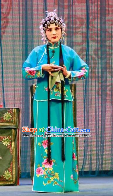 Chinese Shandong Opera Young Beauty Garment Costumes and Headdress Long Feng Mian Traditional Lu Opera Hua Tan Apparels Actress Liang Saijin Blue Dress
