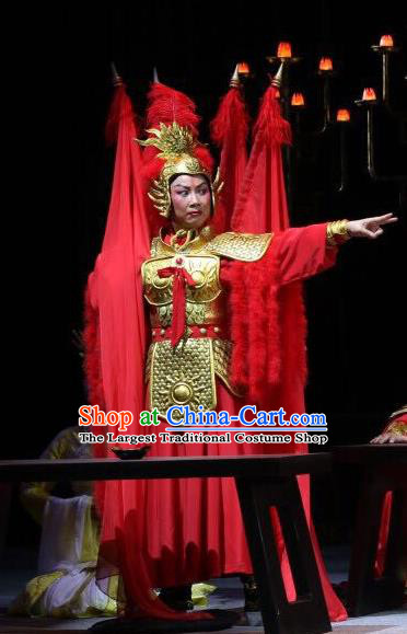 Chinese Han Opera Female General Garment Costumes and Headdress You Meng Yi Guan Traditional Hubei Hanchu Opera Martial Woman Apparels Armor Dress