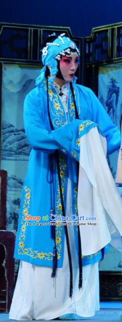 Chinese Han Opera Diva Wang Chunniang Garment Chun Niang Qu Costumes and Headdress Traditional Hubei Hanchu Opera Young Woman Apparels Distress Maiden Blue Dress