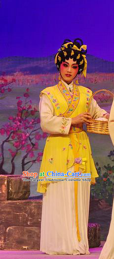 Chinese Cantonese Opera Hua Tan Garment Costumes and Headdress Traditional Guangdong Opera Young Beauty Apparels Village Girl Yellow Dress