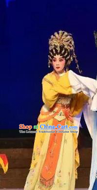 Chinese Cantonese Opera Empress Xi Shi Garment Costumes and Headdress Traditional Guangdong Opera Hua Tan Apparels Queen Yellow Dress