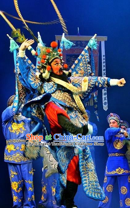 Yuan Yang Sword Chinese Guangdong Opera Shogun Kao Apparels Costumes and Headpieces Traditional Cantonese Opera General Garment Blue Armor Clothing with Flags