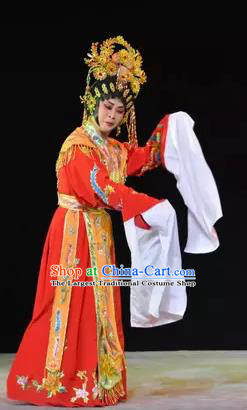 Chinese Cantonese Opera Noble Lady Garment Diao Man Gong Zhu Gan Fu Ma Costumes and Headdress Traditional Guangdong Opera Princess Fengxia Apparels Red Dress