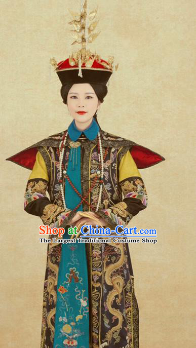 Chinese Traditional Handmade Embroidered Apparels Noble Queen Hanfu Dress Ancient Drama Qing Dynasty Imperial Empress Historical Costumes and Headwear Complete Set