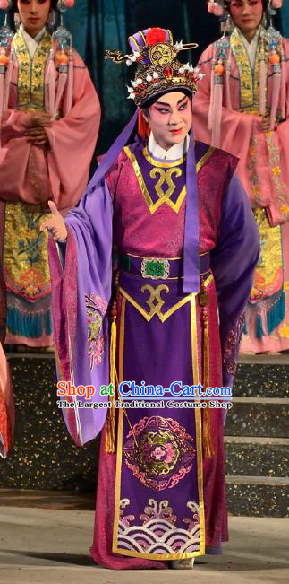Chinese Guangdong Opera Young Male Apparels Costumes and Headwear Traditional Cantonese Opera Xiaosheng Garment Prince Purple Clothing