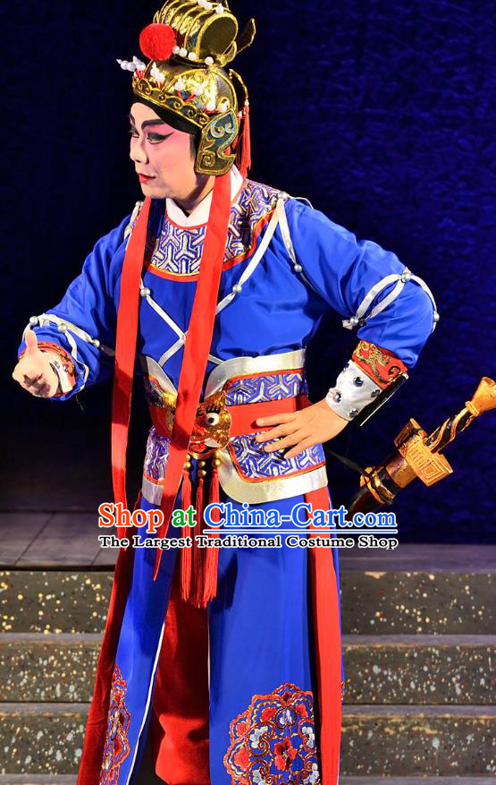Chinese Guangdong Opera Martial Male Apparels Costumes and Headwear Traditional Cantonese Opera Wusheng Garment General Wei Tuo Blue Clothing