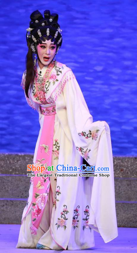 Chinese Cantonese Opera Young Beauty Qiu Chan Garment The Mad Monk by the Sea Costumes and Headdress Traditional Guangdong Opera Hua Tan Apparels Actress Dress