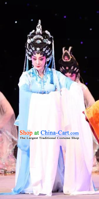Chinese Cantonese Opera Goddess Zhi Nv Garment Milky Way Lovers Costumes and Headdress Traditional Guangdong Opera Actress Apparels Young Female Blue Dress