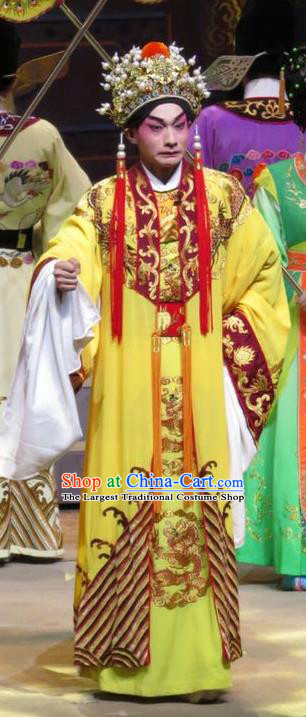 The Strange Stories Chinese Guangdong Opera Emperor Apparels Costumes and Headwear Traditional Cantonese Opera Garment Monarch Clothing