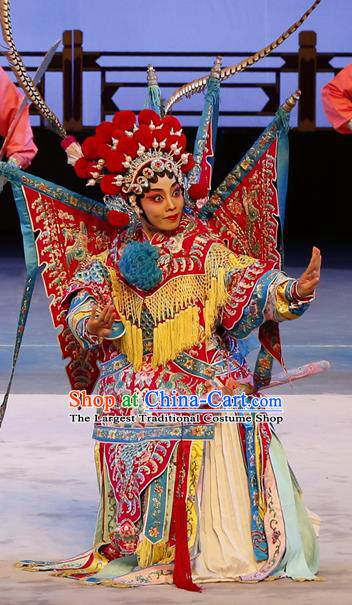 Chinese Cantonese Opera Tao Ma Tan Garment Liu Jinding Costumes and Headdress Traditional Guangdong Opera Female General Apparels Dress with Flags