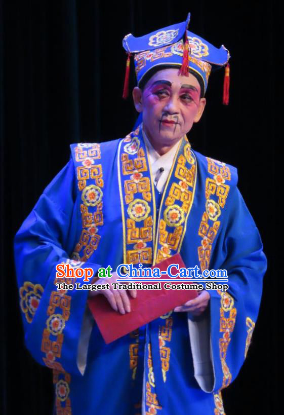 Chinese Guangdong Opera Rich Male Apparels Costumes and Headwear Traditional Cantonese Opera Clown Garment Bully Blue Clothing