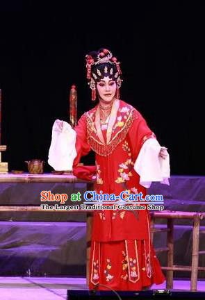 Chinese Cantonese Opera Bride Garment the Legend of Gold Rice Costumes and Headdress Traditional Guangdong Opera Young Female Apparels Diva Shi Hua Red Dress
