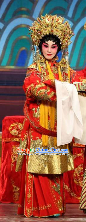 Chinese Cantonese Opera Hua Tan Garment Feng Guan Meng Costumes and Headdress Traditional Guangdong Opera Actress Apparels Bride Li Yue E Red Dress
