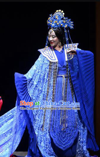 Chinese Historical Drama Confucius Said Ancient Imperial Consort Garment Costumes Traditional Northern Wei Dynasty Empress Dress Queen Blue Apparels and Headdress