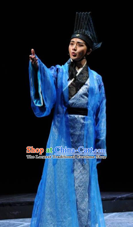 Chinese Traditional Han Dynasty Young Male Clothing Stage Performance Historical Drama Sima Qian Apparels Costumes Ancient Official Blue Garment and Headwear