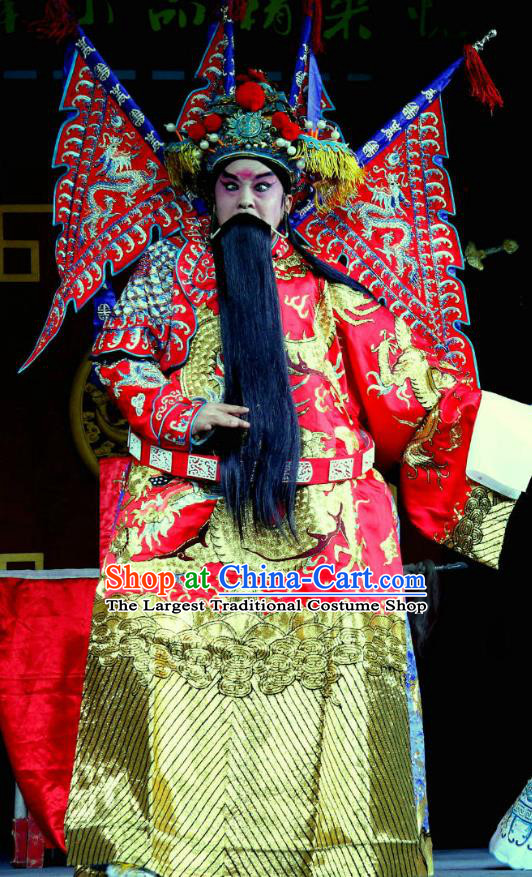 Yang He Tang Chinese Sichuan Opera General Xue Dingshan Kao Apparels Costumes and Headpieces Peking Opera Highlights Red Armor Garment Clothing with Flags