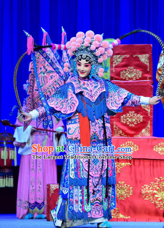 Chinese Sichuan Opera Highlights Tao Ma Tan Garment Costumes and Headdress Bei Mang Mountain Traditional Peking Opera Martial Female Dress Pink Kao Apparels with Flags