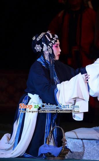 Chinese Hebei Clapper Opera Tsing Yi Garment Costumes and Headdress Dou E Yuan Traditional Bangzi Opera Distress Maiden Dress Actress Apparels