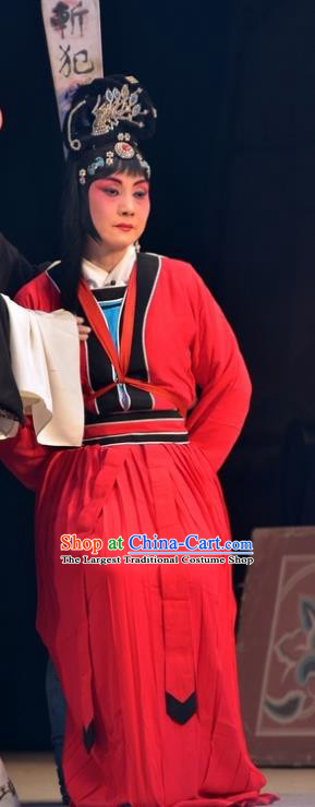 Chinese Hebei Clapper Opera Female Prisoner Garment Costumes and Headdress Dou E Yuan Traditional Bangzi Opera Distress Maiden Red Dress Apparels