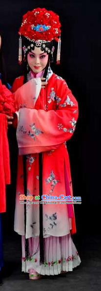 Chinese Hebei Clapper Opera Young Female Garment Costumes and Headdress Meng Jiangnv Traditional Bangzi Opera Hua Tan Red Dress Bride Apparels