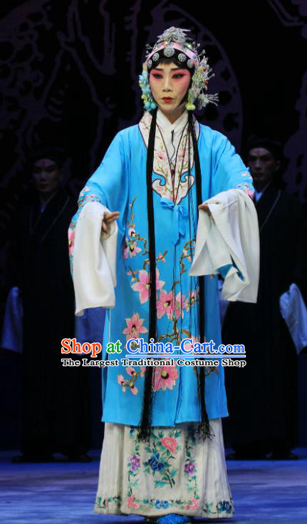 Chinese Hebei Clapper Opera Actress Garment Costumes and Headdress Kou Zhun Traditional Bangzi Opera Young Lady Blue Dress Diva Yang Jiumei Apparels