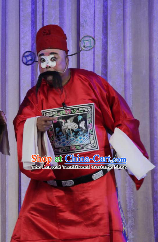 Chinese Bangzi Opera Magistrate Apparels Costumes and Headpieces Traditional Shanxi Clapper Opera Clown Garment Red Official Clothing