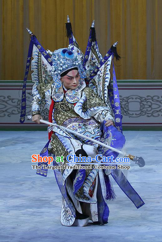 In Extremely Good Fortune Chinese Bangzi Opera General Zhao Yun Apparels Costumes and Headpieces Traditional Hebei Clapper Opera Martial Male Garment Kao Clothing with Flags