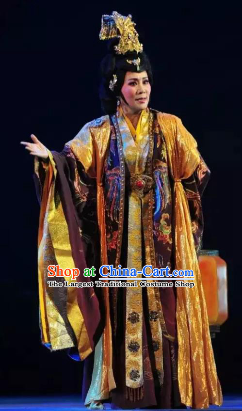 Chinese Shanxi Clapper Opera Queen Mother Garment Costumes and Headdress Ping Cheng Fu Traditional Bangzi Opera Empress Dowager Feng Dress Dame Apparels