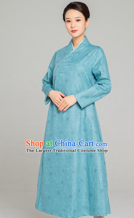 Asian Chinese Traditional Jacquard Maple Leaf Teal Flax Dress Martial Arts Costumes China Kung Fu Robe Garment for Women