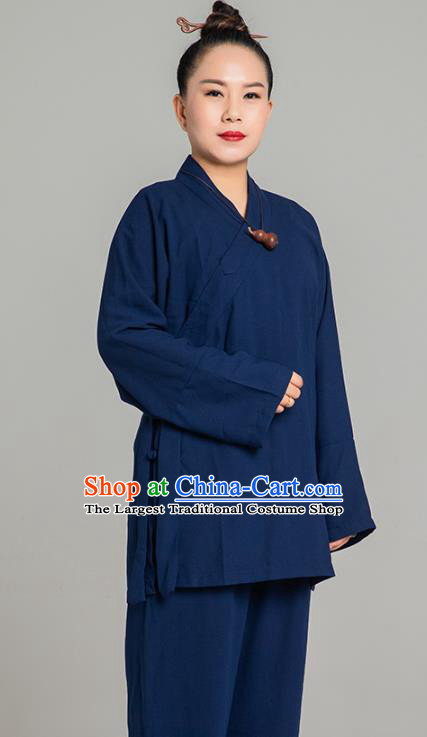 Asian Chinese Traditional Taoist Nun Navy Flax Blouse and Pants Martial Arts Costumes China Kung Fu Garment Outfits for Women