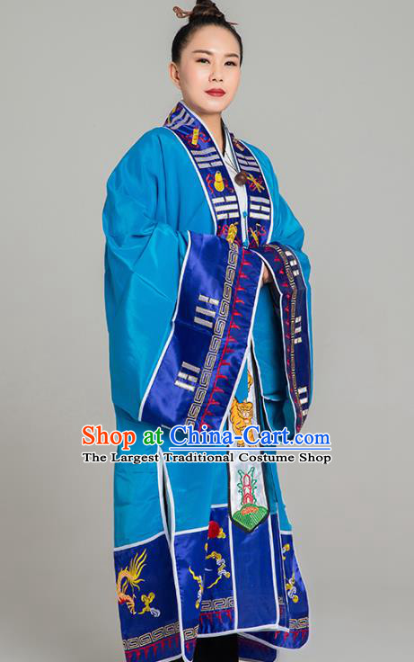 Traditional Chinese Taoist Nun Blue Koshibo Priest Frock Martial Arts Costumes China Taoism Tai Chi Garment Embroidered Pagoda Gown for Women