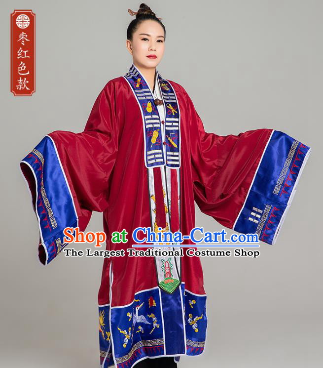 Traditional Chinese Taoist Nun Purplish Red Koshibo Priest Frock Martial Arts Costumes China Taoism Tai Chi Garment Embroidered Pagoda Gown for Women