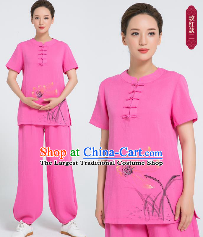 Professional Chinese Tai Chi Hand Painting Lotus Rosy Flax Blouse and Pants Costumes Kung Fu Training Garment Martial Arts Outfits for Women