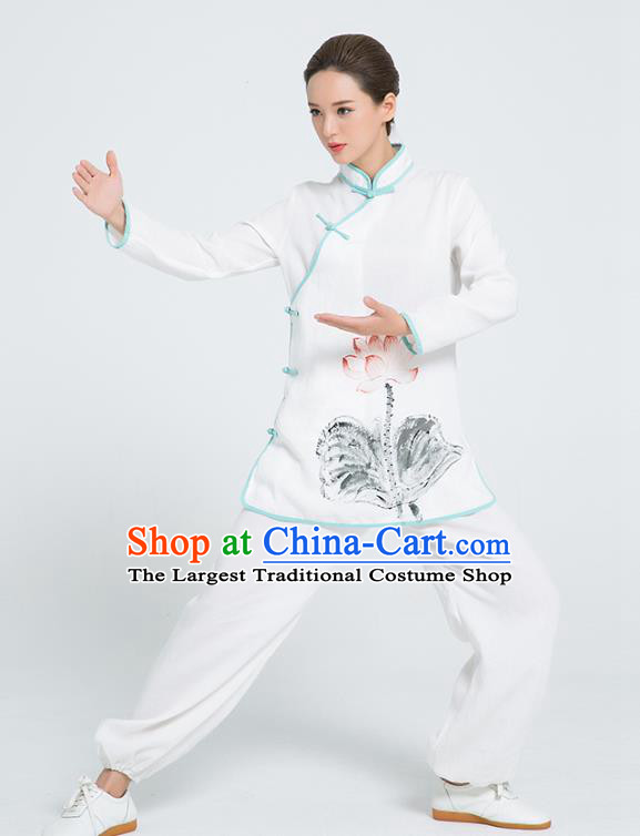 Professional Chinese Martial Arts Hand Painting Lotus White Flax Blouse and Pants Costumes Kung Fu Training Garment Tai Chi Outfits for Women