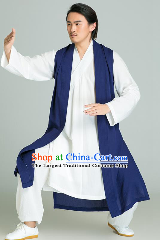 Top Grade Chinese Tai Chi Training White Uniforms Kung Fu Competition Costume Martial Arts Navy Vest Shirt and Pants for Men