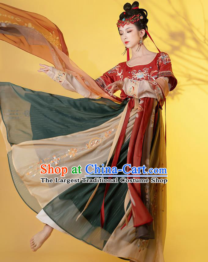 Traditional Chinese Tang Dynasty Princess Embroidered Historical Costumes Ancient Flying Apsaras Goddess Hanfu Half Sleeved Garment Blouse and Skirt Complete Set