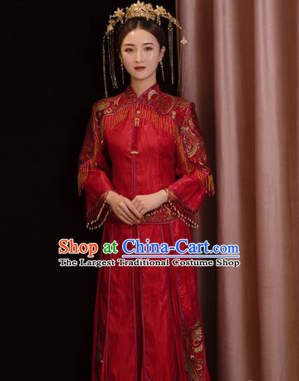 Chinese Traditional Wedding Apparels Embroidered Red Tassel Blouse and Dress Costumes Bride Slim Xiuhe Suits for Women